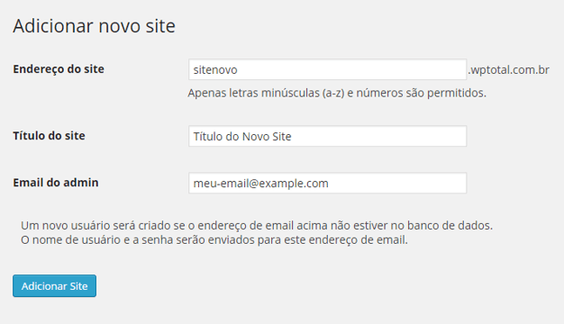 Wordpress Multisites - Adicionar novo site